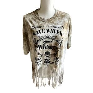Drink Whiskey bohowestern fringed short sleeve cowgirl tee size XL